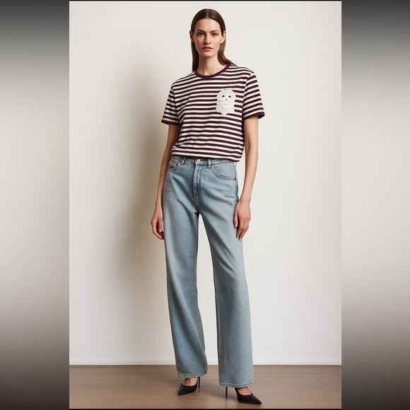 Burberry Burgundy and White Striped Tee - Picture 1 of 8